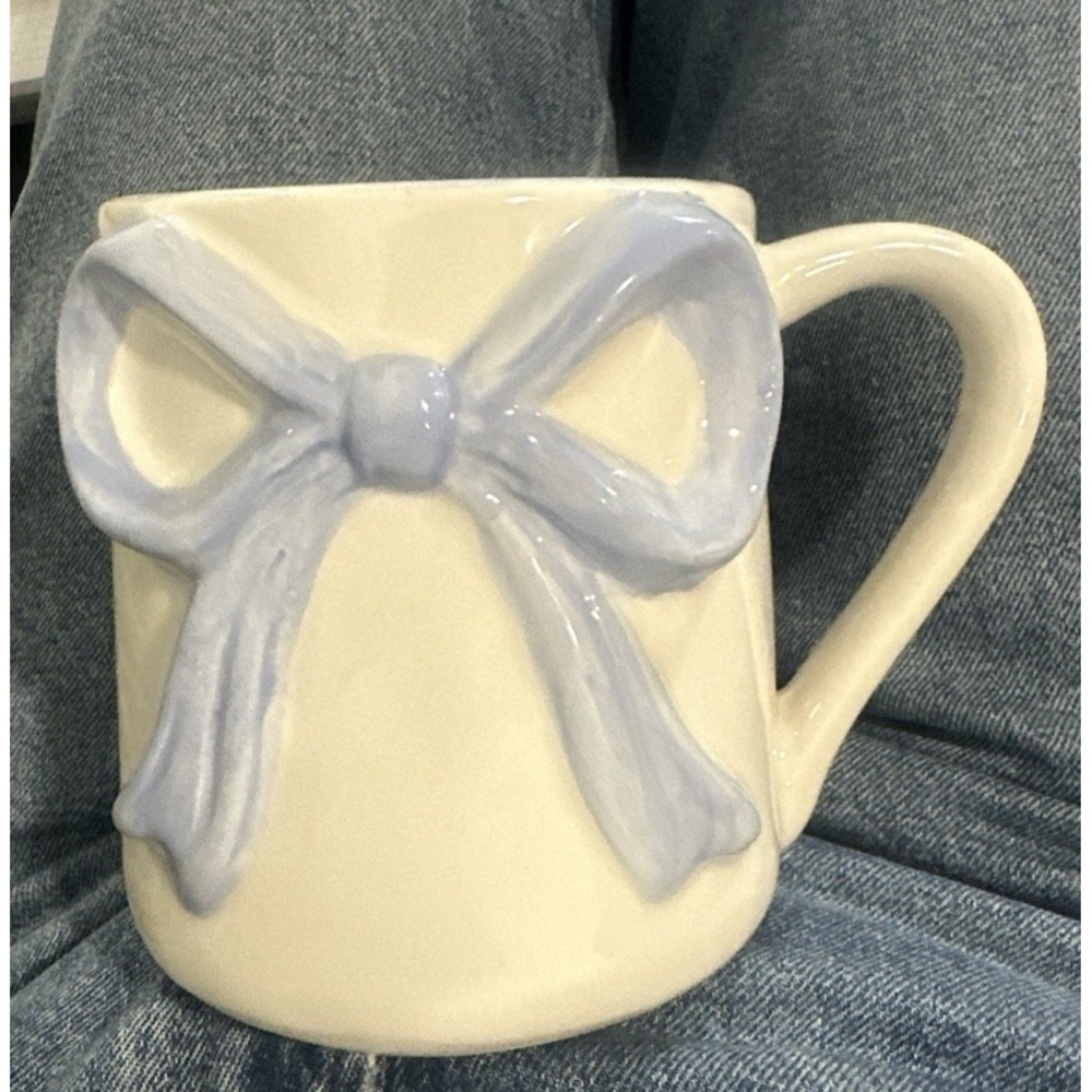 Cottage Core Bow Coffee Mug Cup Cable Knit Texture White Blue Ribbon Tea Large